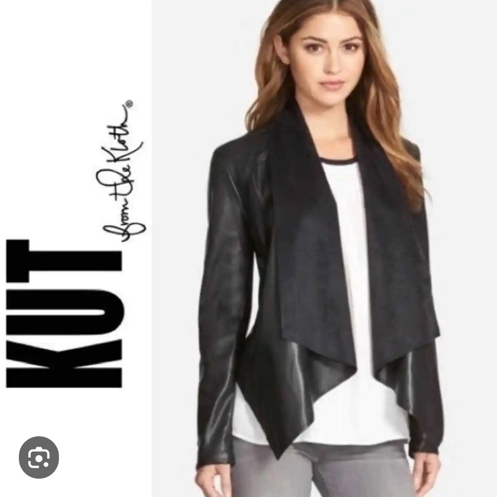 Kut From the Kloth Dark Brown Faux Leather Drape Open Jacket. Size L